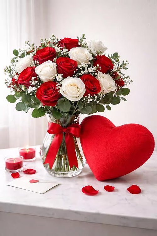 Eternal Love Red & White Rose Vase with Plush Heart — Romantic L