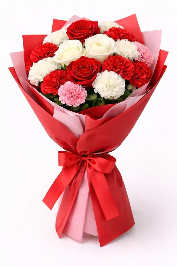Classic Romance Bouquet – Red & White Roses with Carnations