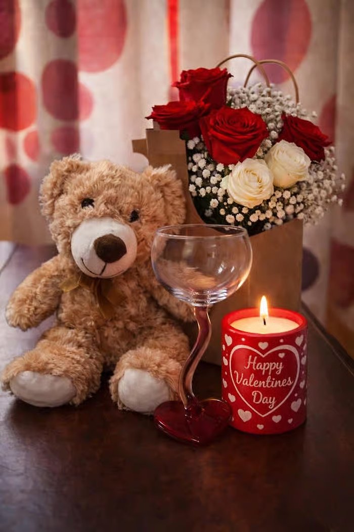 Gift Set - Roses, Teddy Bear, Heart Shape Glass and Candle