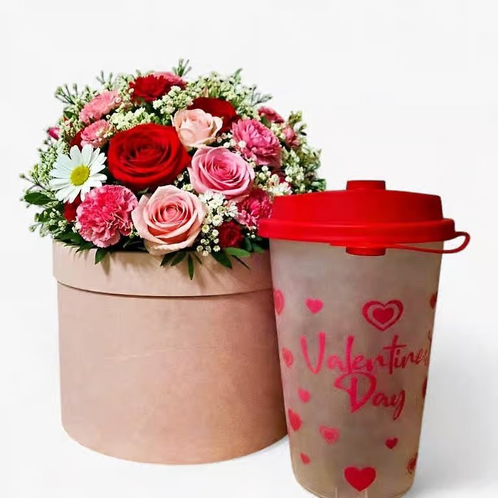 Coffee and Valentine Blush Rose Arrangement
