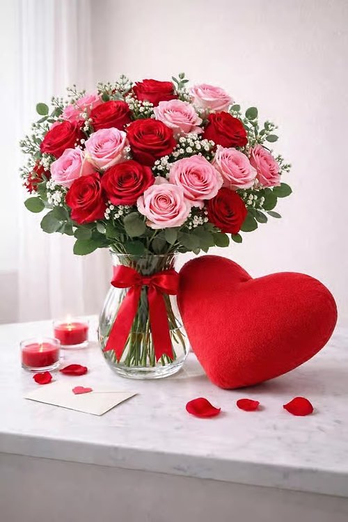 Red and pink roses in a crystal vase With Plush Heart