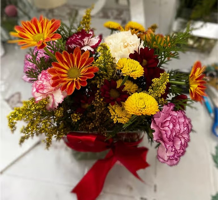 Fall Flowers in a Vase with a nice silk ribbon