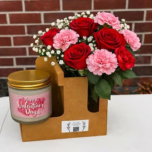 Rose & Pink Carnation Gift Set with Scented Candle