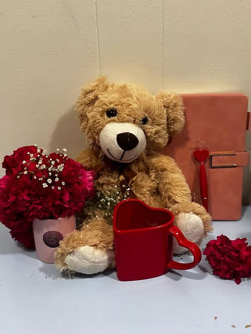 Teddy Bear & Valentine Coffee Cup & one rose