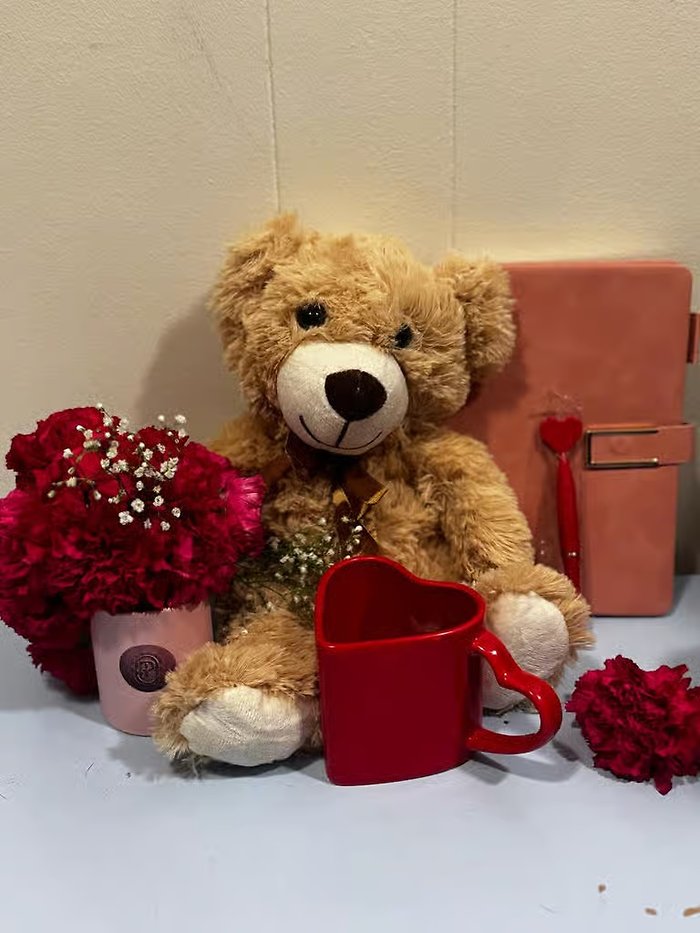Teddy Bear & Valentine Coffee Cup & one rose