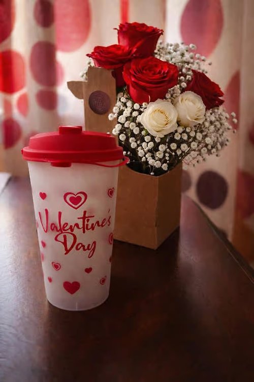 A Valentine Coffee Cup & Roses in a Bag