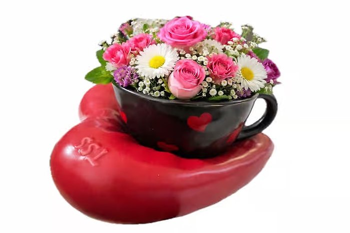 Love Ceramic Mug with Heart-Shaped Plate and Blooms